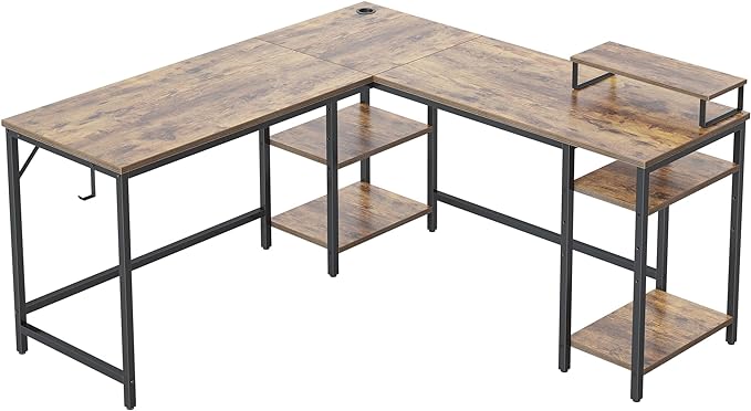 BANTI L Shaped Desk with Storage, 59 Inch Reversible Corner Computer Desk or 2 Person Long Table Desk, Home Office Large Gaming Writing Storage Workstation with Monitor Stand, Rustic Brown - LeafyLoom