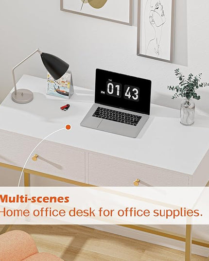 SUPERJARE 35.4" White and Gold Desk with 2 Drawers, Modern Makeup Vanity Desk, Small Computer Desk Home Office Desk for Writing Study Bedroom - LeafyLoom