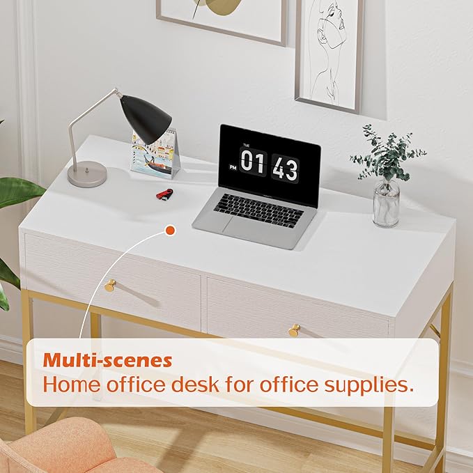 SUPERJARE 35.4" White and Gold Desk with 2 Drawers, Modern Makeup Vanity Desk, Small Computer Desk Home Office Desk for Writing Study Bedroom - LeafyLoom