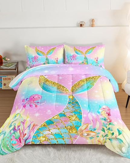 HOSIMA Mermaid Comforter with 2 Pillowcases,Girly Rainbow Bedding Set Mermaid Tail Comforter,Glitter Gold Fish Scales Queen Comforter Set,Cute Sea Animal Octopus Seahorse Comforter for Kids Teens. - LeafyLoom