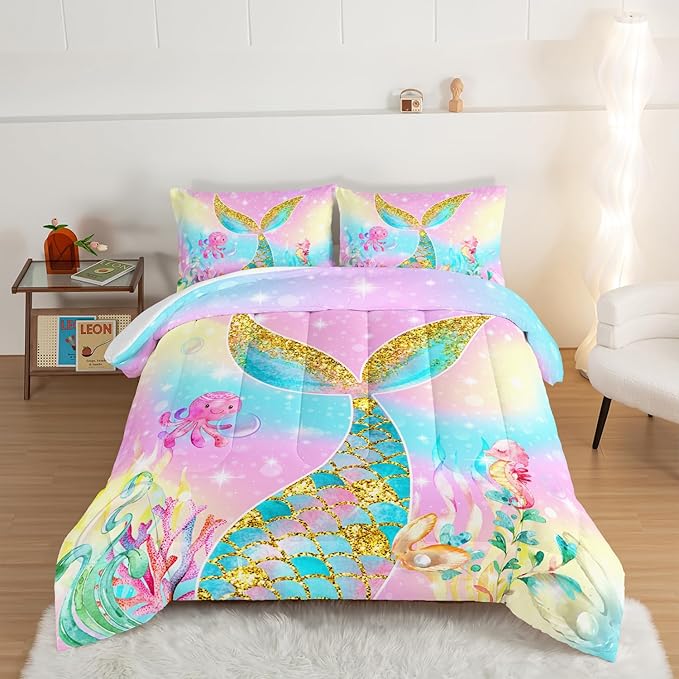 HOSIMA Mermaid Comforter with 2 Pillowcases,Girly Rainbow Bedding Set Mermaid Tail Comforter,Glitter Gold Fish Scales Queen Comforter Set,Cute Sea Animal Octopus Seahorse Comforter for Kids Teens. - LeafyLoom