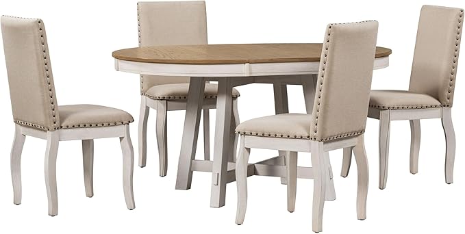5 Piece Round Farmhouse Wooden Dining Table Set with 4 Upholstered Chairs, Extendable Restaurant Furniture, for Kitchen, Diningroom, Living Room, Brown+White - LeafyLoom