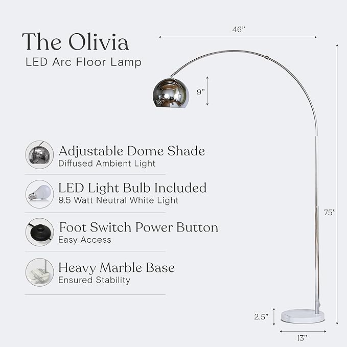 Brightech Olivia Floor Lamp, Arc Lamp for Living Rooms, Standing Lamp with LED Light Bulbs for Bedroom Reading, Great Living Room Décor, Tall Lamp for Offices - Chrome - LeafyLoom