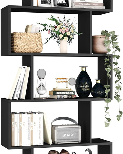 Yusong Bookshelf 5-Tier, Geometric Bookcase S Shaped Book Shelves for Bedroom, Modern Wood Decorative Display Shelf Book Case for Home Office, Black - LeafyLoom