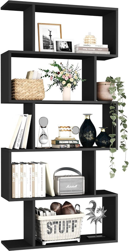 Yusong Bookshelf 5-Tier, Geometric Bookcase S Shaped Book Shelves for Bedroom, Modern Wood Decorative Display Shelf Book Case for Home Office, Black - LeafyLoom
