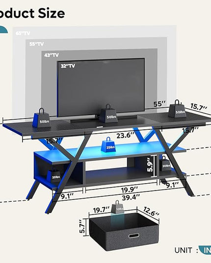Bestier LED Entertainment Center Gaming TV Stand 55 inch for TV up to 65 in, Game Console Table W/Storage for Living Room Bedroom 20 Dynamic RGB Modes TV Console for PS5, Carbon Fiber Black - LeafyLoom