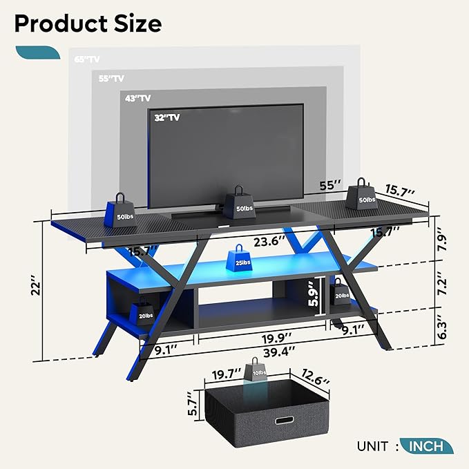 Bestier LED Entertainment Center Gaming TV Stand 55 inch for TV up to 65 in, Game Console Table W/Storage for Living Room Bedroom 20 Dynamic RGB Modes TV Console for PS5, Carbon Fiber Black - LeafyLoom