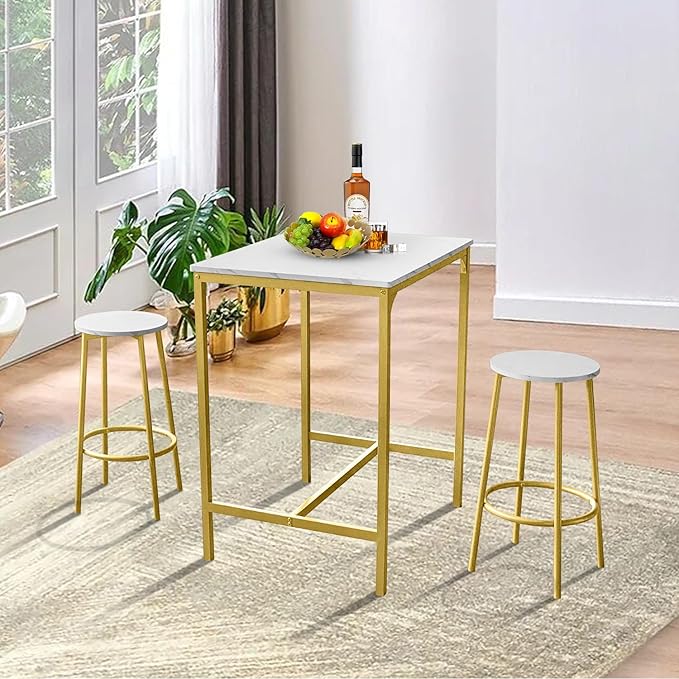 AT-VALY 3-Piece Bar Table Set with 2 Stools,Dining Room Table Set,Small Spaces (Gold) - LeafyLoom