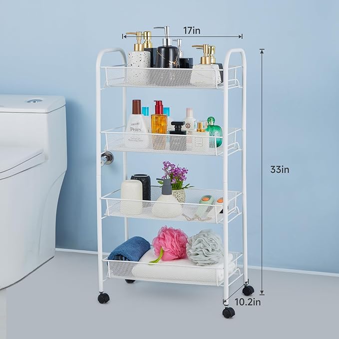 SUBMARINE 4 Tier Rolling Cart, Household Storage Rolling Cart, Rolling Carts with Wheels, Storage Shelves for Kitchens, Bathrooms, Bedrooms, Cabinets, Small Space Storage Cart - LeafyLoom