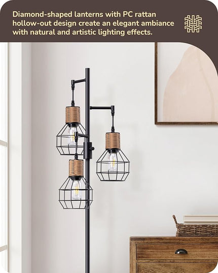 EDISHINE Dimmable Farmhouse Floor Lamp for Living Room, Industrial Black Standing Lamp with 3 LED Edison Bulbs, Corner Rustic Rattan Tall Tree Reading Lamps Home Decor for Bedroom, Office - LeafyLoom