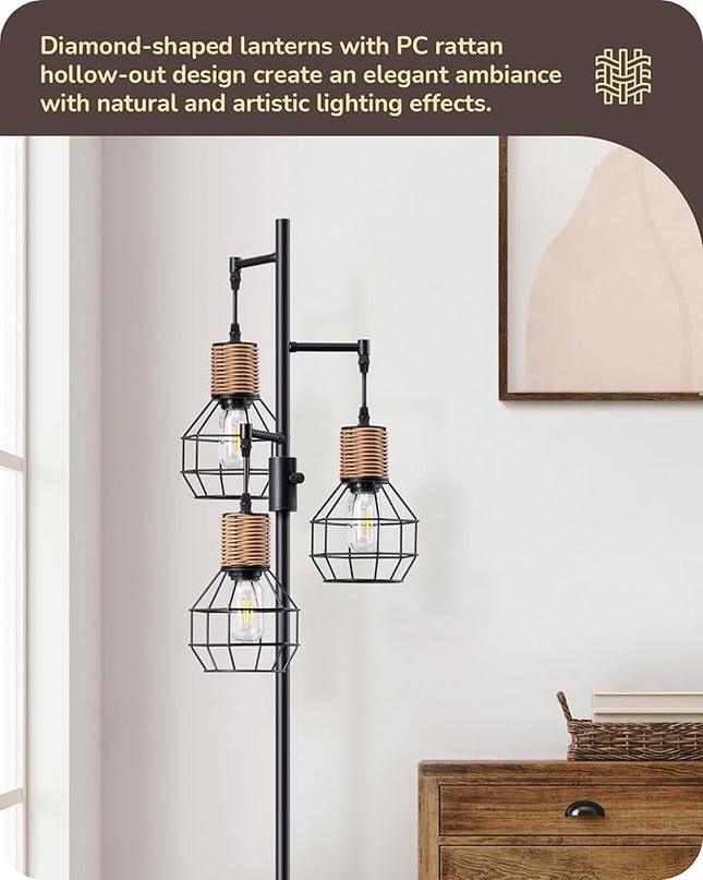 EDISHINE Dimmable Farmhouse Floor Lamp for Living Room, Industrial Black Standing Lamp with 3 LED Edison Bulbs, Corner Rustic Rattan Tall Tree Reading Lamps Home Decor for Bedroom, Office - LeafyLoom