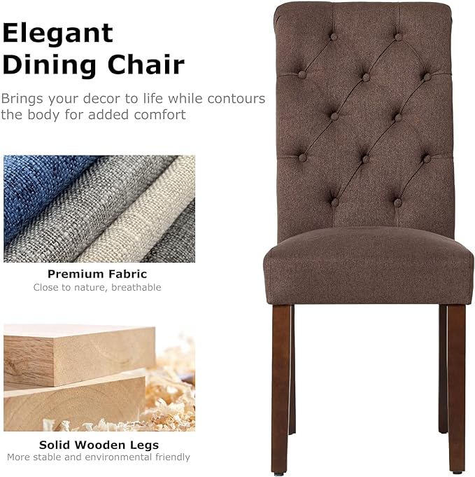 COLAMY Button Tufted Dining Chairs Set of 4, Parsons Upholstered Fabric Dining Room Chairs Kitchen Chairs with Wood Legs and Padded Seat, Brown - LeafyLoom