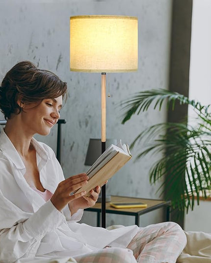 Modern Floor Lamp for Living Room Traditional Farmhouse Floor Lamps Mid-Century Pole Lamp with Linen Lamp Shade, Standing Tall Floor Lamps for Bedrooms and Office (White-01) - LeafyLoom