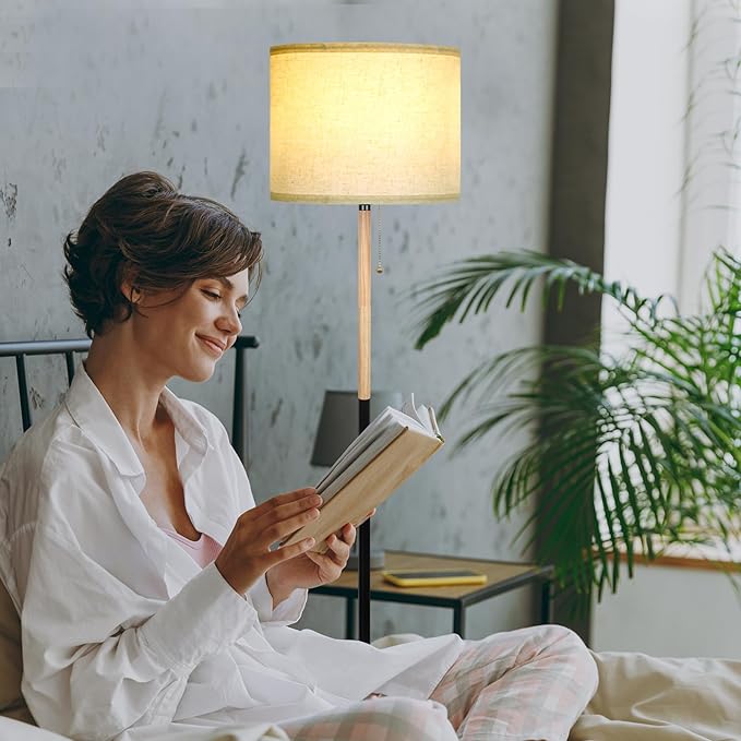 Modern Floor Lamp for Living Room Traditional Farmhouse Floor Lamps Mid-Century Pole Lamp with Linen Lamp Shade, Standing Tall Floor Lamps for Bedrooms and Office (White-01) - LeafyLoom