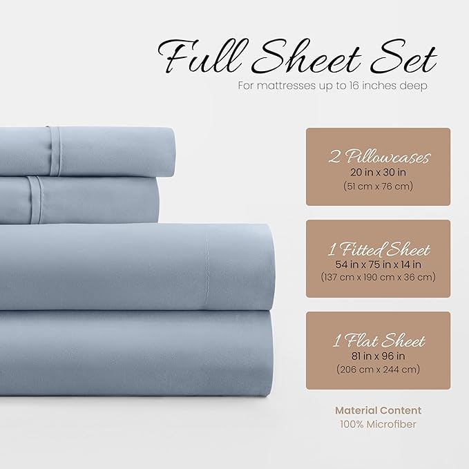 Linen Market Bed Sheets for Full Size Bed (Light Blue) - Sleep Better Than Ever with These Soft and Cooling Full Sheets - Deep Pocket Fits 16" Thick Beds - 4 Piece Full Sheet Set - LeafyLoom