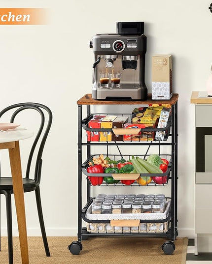 HEOMU Rolling Storage Cart, 4 Tier Kitchen Island Cart on Wheels with Pull-Out Baskets and Wood Top, Vegetable and Fruit Basket Stand for Kitchen, Living Room, Dining Room, Black - LeafyLoom