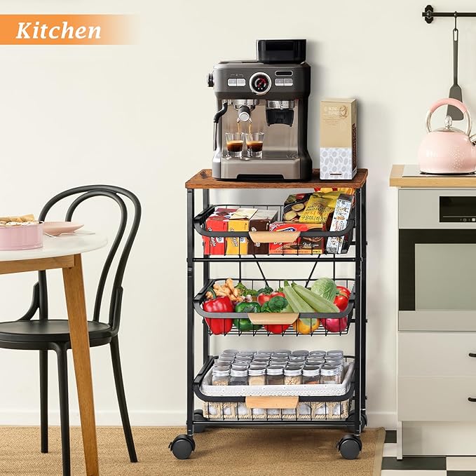 HEOMU Rolling Storage Cart, 4 Tier Kitchen Island Cart on Wheels with Pull-Out Baskets and Wood Top, Vegetable and Fruit Basket Stand for Kitchen, Living Room, Dining Room, Black - LeafyLoom