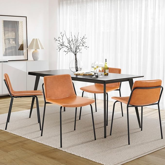 COLAMY Leather Dining Chairs Set of 6, Kitchen Dining Chairs with Back with Metal Legs for Kitchen Dining Living Room Restaurant Shop, Light Brown - LeafyLoom