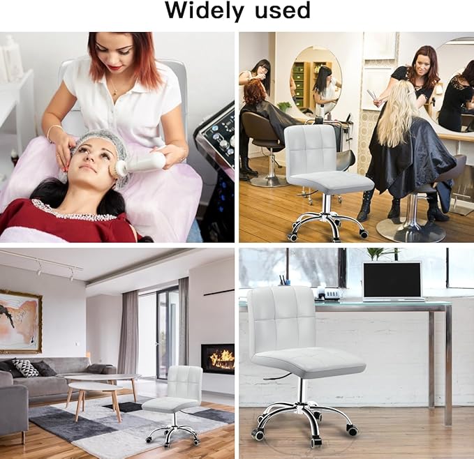 360° Office Desk Chair,PU Adjustable Rolling Task Chair with Backrest for Barber,Office,Home, Computer,360° Swivel,Armless (white) - LeafyLoom