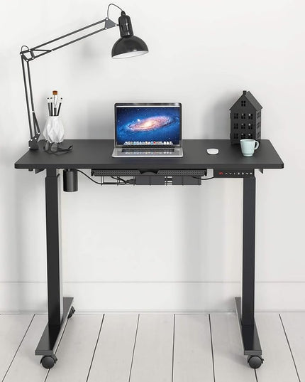 SHW Small Electric Height Adjustable Mobile Sit Stand Desk with Drawer, Hanging Hooks and Cable Management, 40 x 24 Inches, Black - LeafyLoom