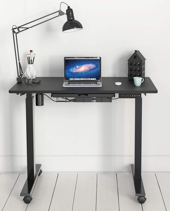 SHW Small Electric Height Adjustable Mobile Sit Stand Desk with Drawer, Hanging Hooks and Cable Management, 40 x 24 Inches, Black - LeafyLoom