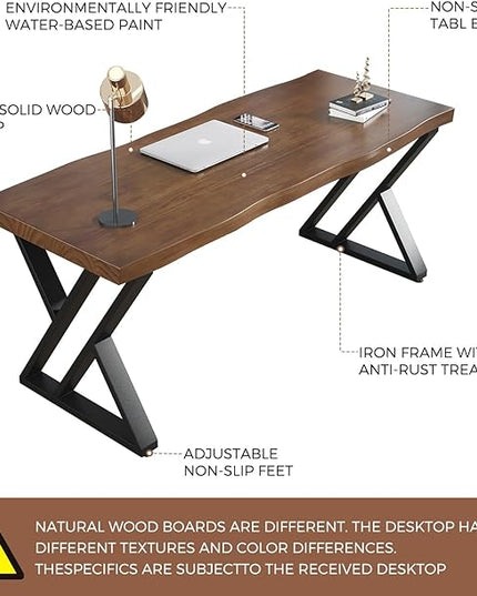 Rustic Style Solid Wood 55-inch Computer Desk - Large Office Desk for Home Office, Modern and Simple Design, Ideal for Study, Writing, Dining - LeafyLoom