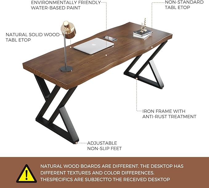 Rustic Style Solid Wood 55-inch Computer Desk - Large Office Desk for Home Office, Modern and Simple Design, Ideal for Study, Writing, Dining - LeafyLoom