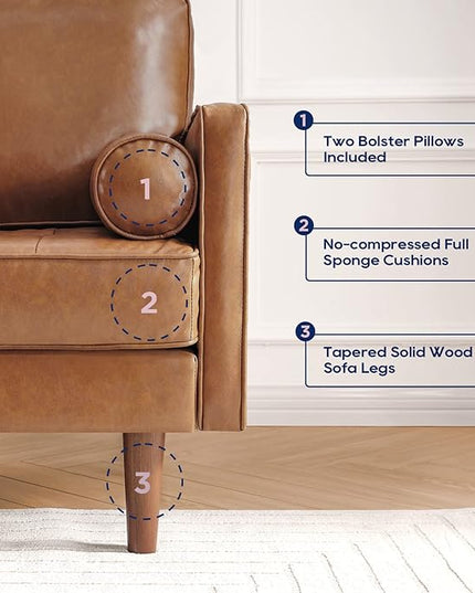 Vonanda Sectional Couch Sofa, L Shaped Couch Leather Sofa with Reversible Chaise and Bolster Pillows, Faux Leather Couch Small Couches for Living Room, Apartment and Small Space, Caramel - LeafyLoom