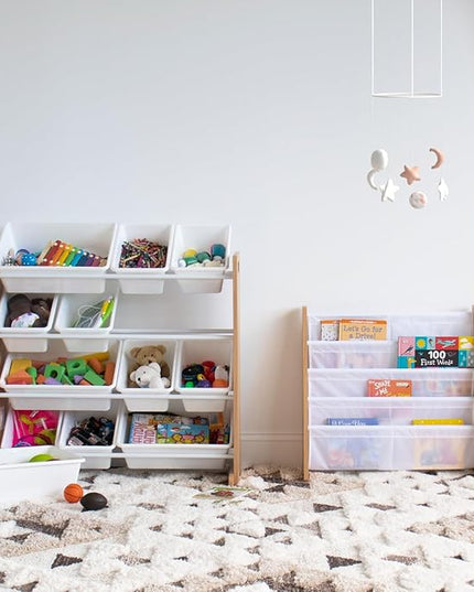 Humble Crew, Natural Wood/White Kids Toy Organizer with 12 Storage Bins - LeafyLoom