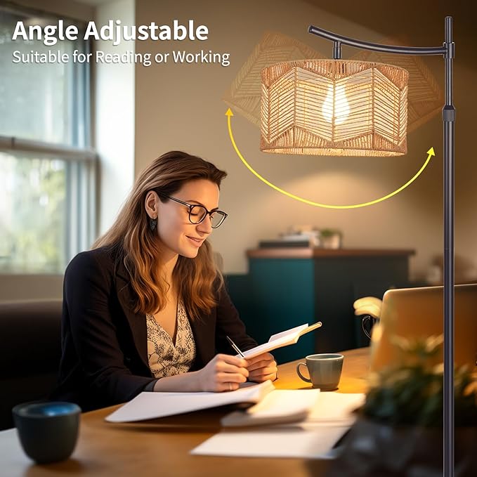 Arc Boho Farmhouse Black Floor Lamp, Standing Lamp with Rattan & Fabric Double Shade with Remote Control, Dimmable LED Bulb with 8 Color Temperature, Tall Pole for Living Room Bedroom Corner Office - LeafyLoom