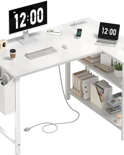 White L Shaped Computer Desk with Power Outlet Shelves, 40 Inch Small Corner Desk for Small Space Home Office, Study Work PC Desks for Bedroom, White - LeafyLoom