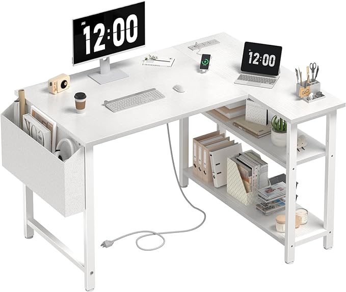 White L Shaped Computer Desk with Power Outlet Shelves, 40 Inch Small Corner Desk for Small Space Home Office, Study Work PC Desks for Bedroom, White - LeafyLoom