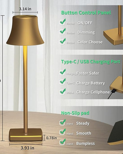 SAKRINGT LED Cordless Table Lamps Rechargeable,5000mAh Battery Operated Table Light,3 Color Stepless Dimming,Portable Small Desk Lamp in Aluminum for Party Patio Restaurant Indoor/Outdoor - LeafyLoom