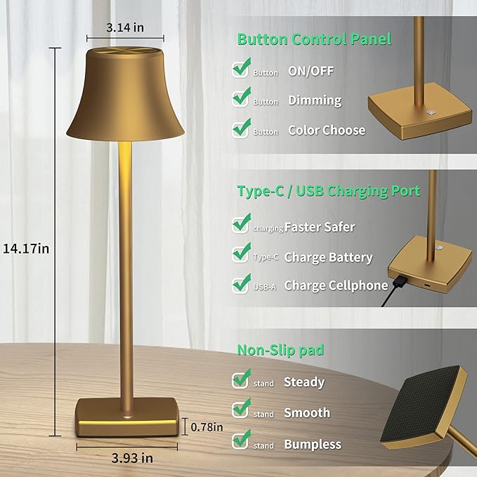 SAKRINGT LED Cordless Table Lamps Rechargeable,5000mAh Battery Operated Table Light,3 Color Stepless Dimming,Portable Small Desk Lamp in Aluminum for Party Patio Restaurant Indoor/Outdoor - LeafyLoom