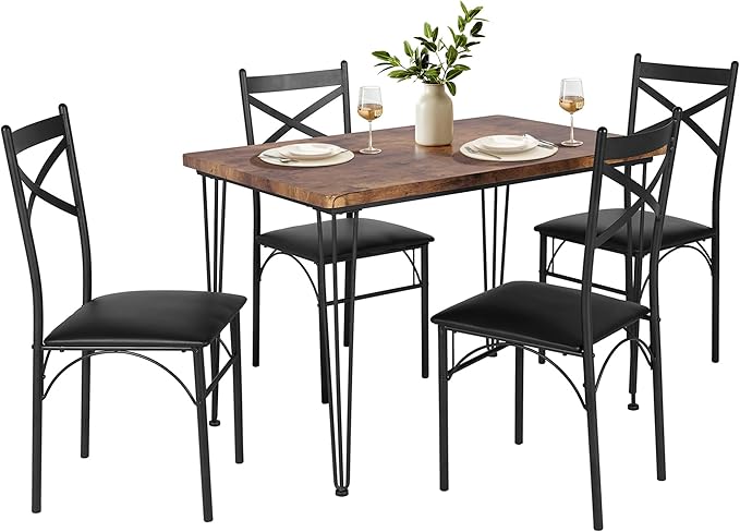 VECELO Kitchen Dining Room Table 4 Chairs for Small Space, Apartment,Metal Steel Frame, 5-Piece Set, Brown - LeafyLoom