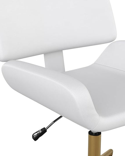 Martha Stewart Tyla Armless Swivel Task Chair for Home Office in White Faux Leather with Polished Brass Frame - LeafyLoom