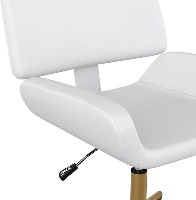Martha Stewart Tyla Armless Swivel Task Chair for Home Office in White Faux Leather with Polished Brass Frame - LeafyLoom