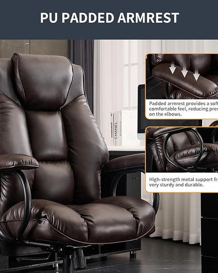 Office Chair Big and Tall, High Back Home Office Chair 400 lbs, Executive Chair, Desk Chair, Ergonomic Office Chair with Padded Armrest, Swivel Computer Chair PU Leather (Dark Brown) - LeafyLoom