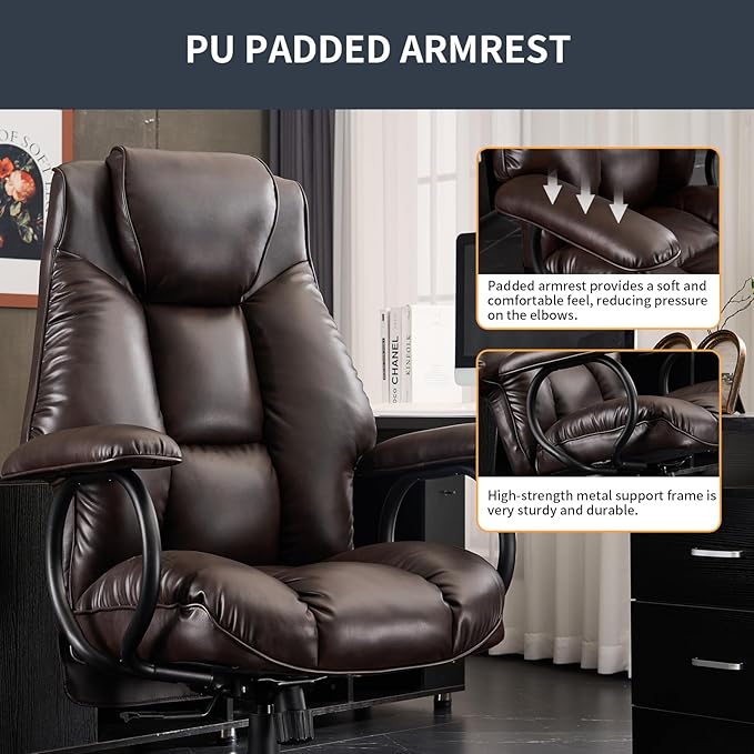 Office Chair Big and Tall, High Back Home Office Chair 400 lbs, Executive Chair, Desk Chair, Ergonomic Office Chair with Padded Armrest, Swivel Computer Chair PU Leather (Dark Brown) - LeafyLoom