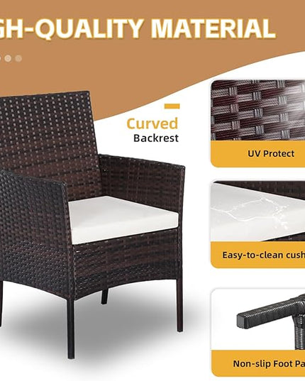 Patio Furniture Set 3 Pieces All-Weather Rattan Outdoor Furniture Patio Chairs with Tempered Glass Table for Porch Bistro Balcony Bistro Set(Brown/White) - LeafyLoom