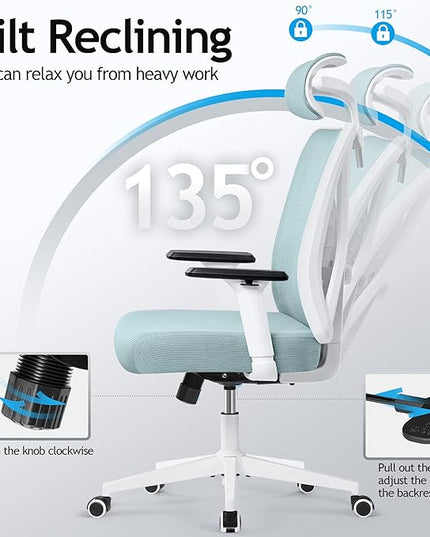 KERDOM Ergonomic Office Chair, Rolling Swivel Executive Desk Chair, Breathable Mesh Gaming Chair with Adjustable Headrest, 3D Armrest and Lumbar Support for Home Office LightBlue - LeafyLoom
