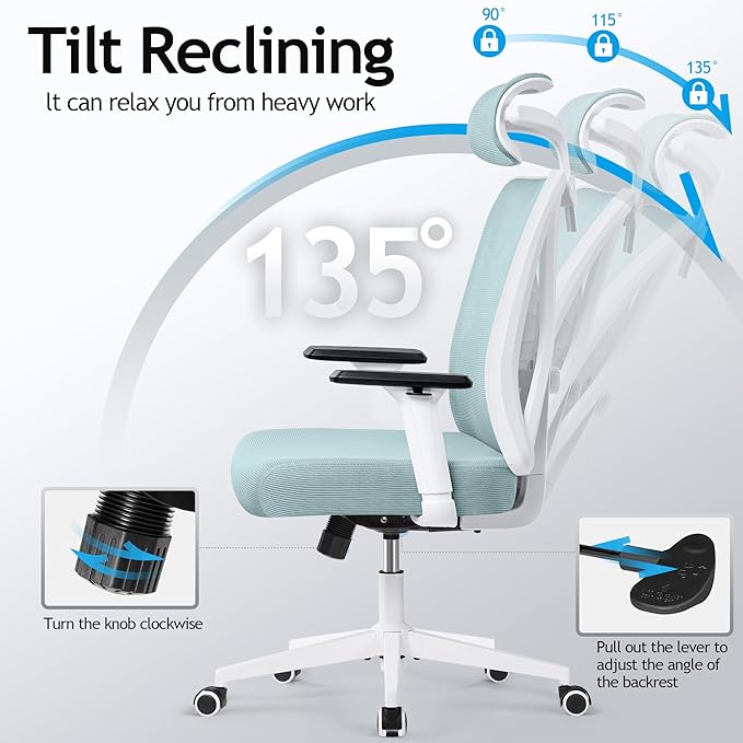 KERDOM Ergonomic Office Chair, Rolling Swivel Executive Desk Chair, Breathable Mesh Gaming Chair with Adjustable Headrest, 3D Armrest and Lumbar Support for Home Office LightBlue - LeafyLoom