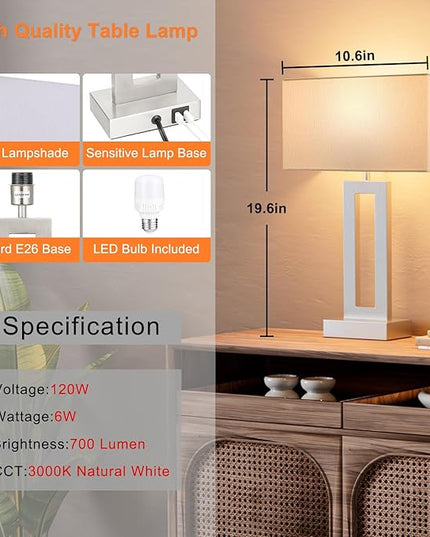Nightstand Table Lamps for Bedrooms Set of 2 - Touch Bedside Lamp with USB C+A, 3 Way Dimmable Living Room Lamps for End Tables Set of 2, Modern Night Stand Lamps for Bed Side(White&Silver) - LeafyLoom