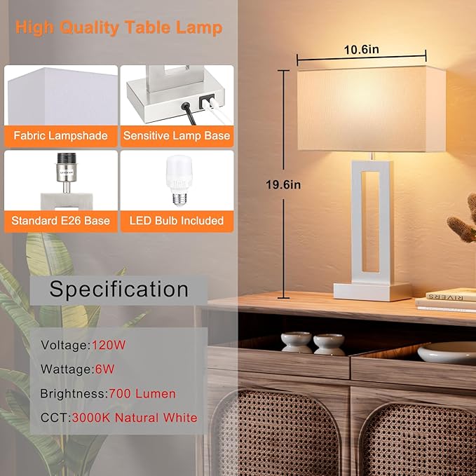 Nightstand Table Lamps for Bedrooms Set of 2 - Touch Bedside Lamp with USB C+A, 3 Way Dimmable Living Room Lamps for End Tables Set of 2, Modern Night Stand Lamps for Bed Side(White&Silver) - LeafyLoom