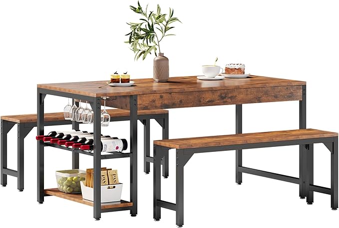 YITAHOME 63" 3 Piece Kitchen Dining Table Set for 4 with Bench & Storage, Farmhouse Rectangle Dining Room Dinner Table with Wine & Glass Holder for Space Saving, Rustic Brown - LeafyLoom