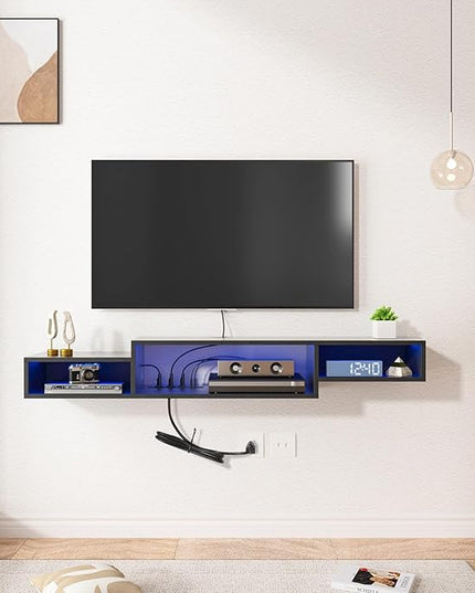 FABATO 59'' Floating TV Stand with LED Light Power Outlet, Floating Shelf for Under TV Wall Mount with Storage Shelf, Media Console Entertainment Center for Living Room, Black - LeafyLoom