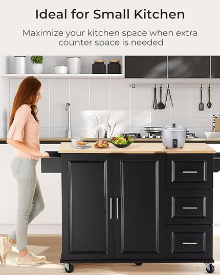 54" Large Kitchen Island Cart with Drop Leaf, Kitchen Island with Storage, Rolling Kitchen Island with Inside Cabinet, 3 Drawers, Spice Rack, Towel Rack and Wood Tabletop(Black) - LeafyLoom