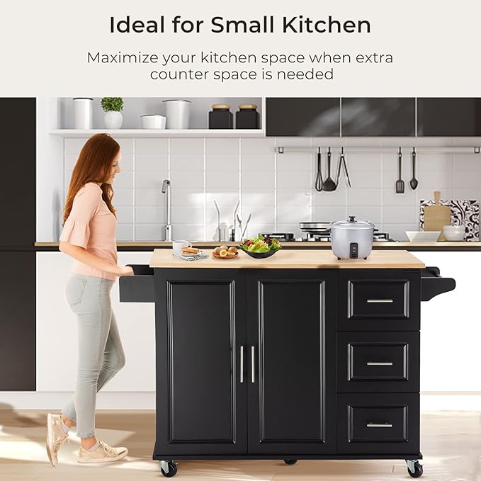 54" Large Kitchen Island Cart with Drop Leaf, Kitchen Island with Storage, Rolling Kitchen Island with Inside Cabinet, 3 Drawers, Spice Rack, Towel Rack and Wood Tabletop(Black) - LeafyLoom