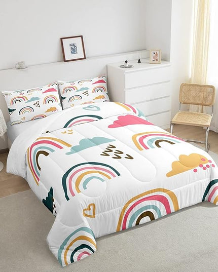 Girly Rainbow Comforter Set Queen Size,Hand Drawn Kawaii Rainbow Bedding Sets for Kids Children,Lovely Cartoon Style Clouds Love Heart Duvet Insert Abstract Artwork Down Comforter with 2 Pillow Shams - LeafyLoom