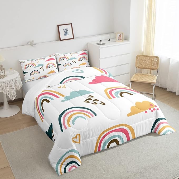 Girly Rainbow Comforter Set Queen Size,Hand Drawn Kawaii Rainbow Bedding Sets for Kids Children,Lovely Cartoon Style Clouds Love Heart Duvet Insert Abstract Artwork Down Comforter with 2 Pillow Shams - LeafyLoom